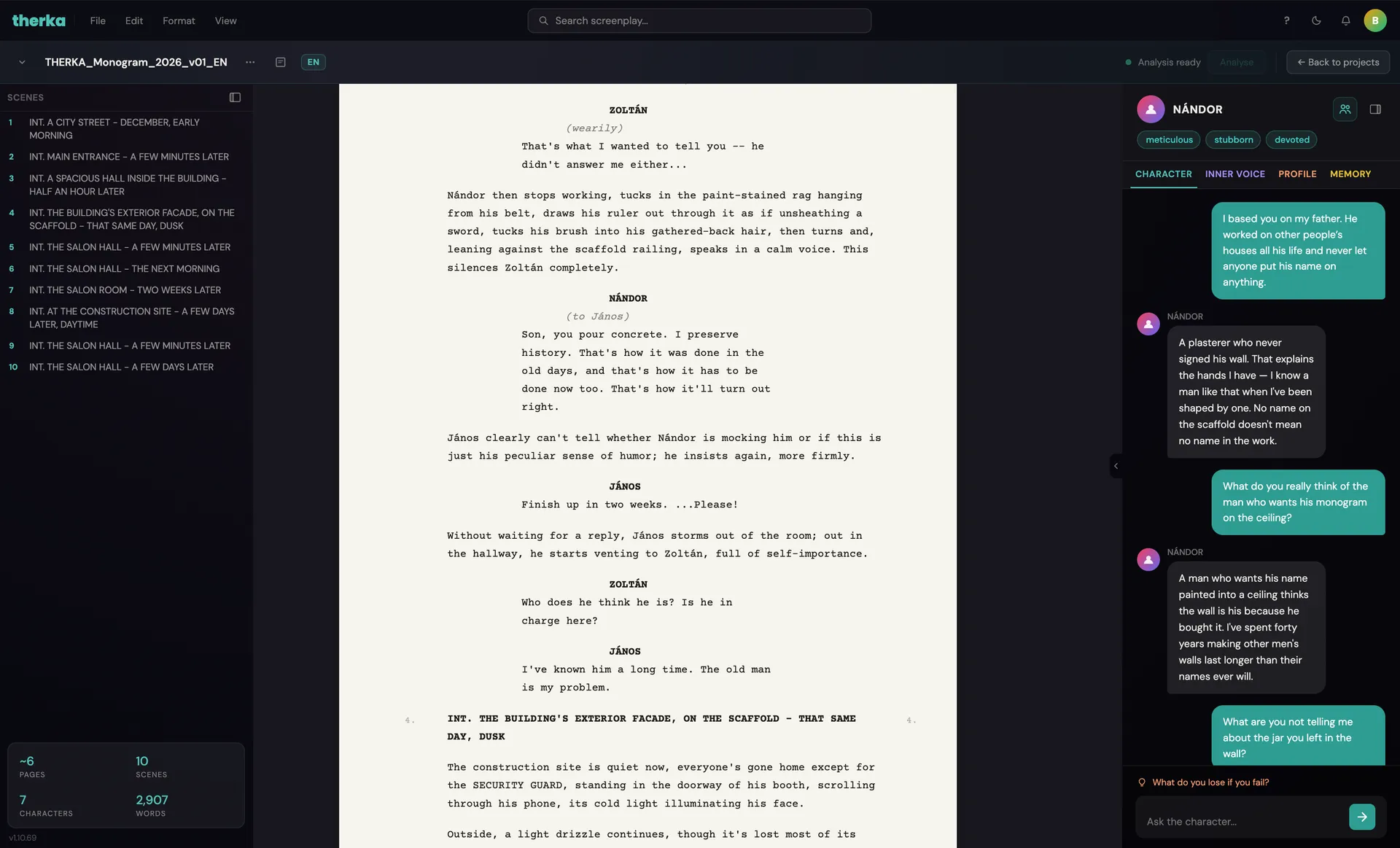 therka with a screenplay open and the Character view: a conversation with the character Nándor in the right-hand column