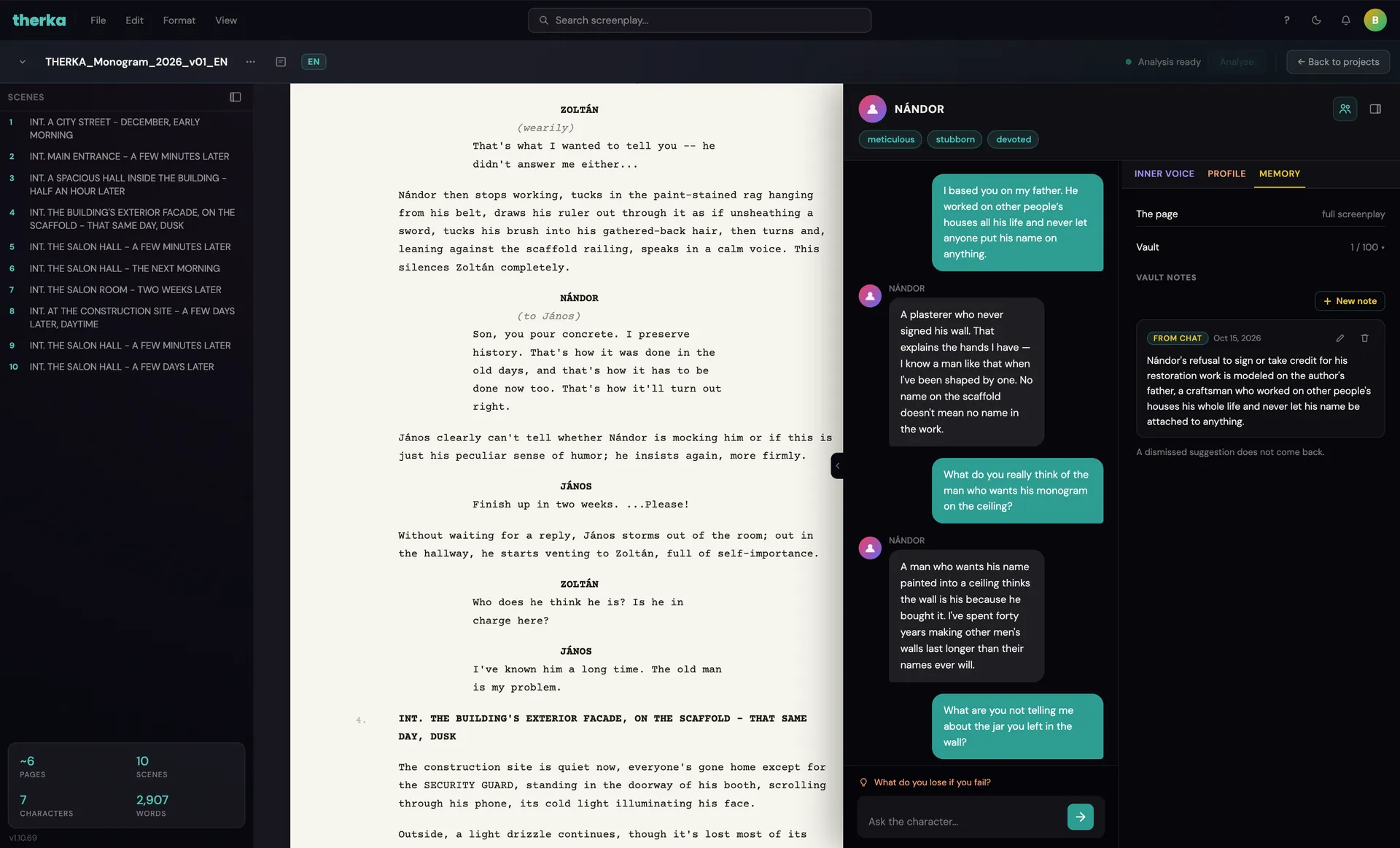 The Memory view beside the conversation: the page, the Vault counter, and a Vault note saved from the chat
