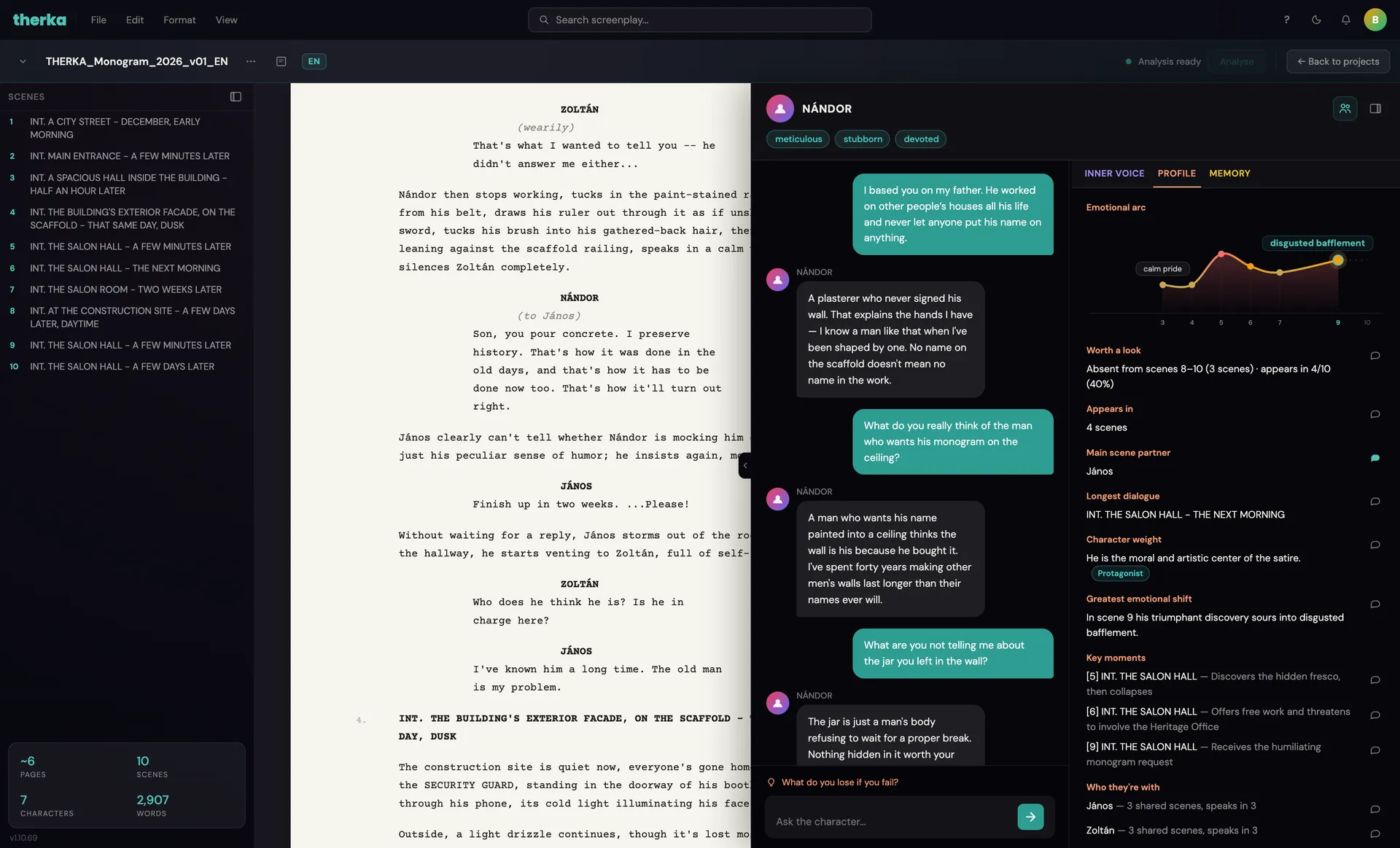 The Profile view beside the conversation: Nándor’s emotional arc across the scenes, where he appears, and his key moments